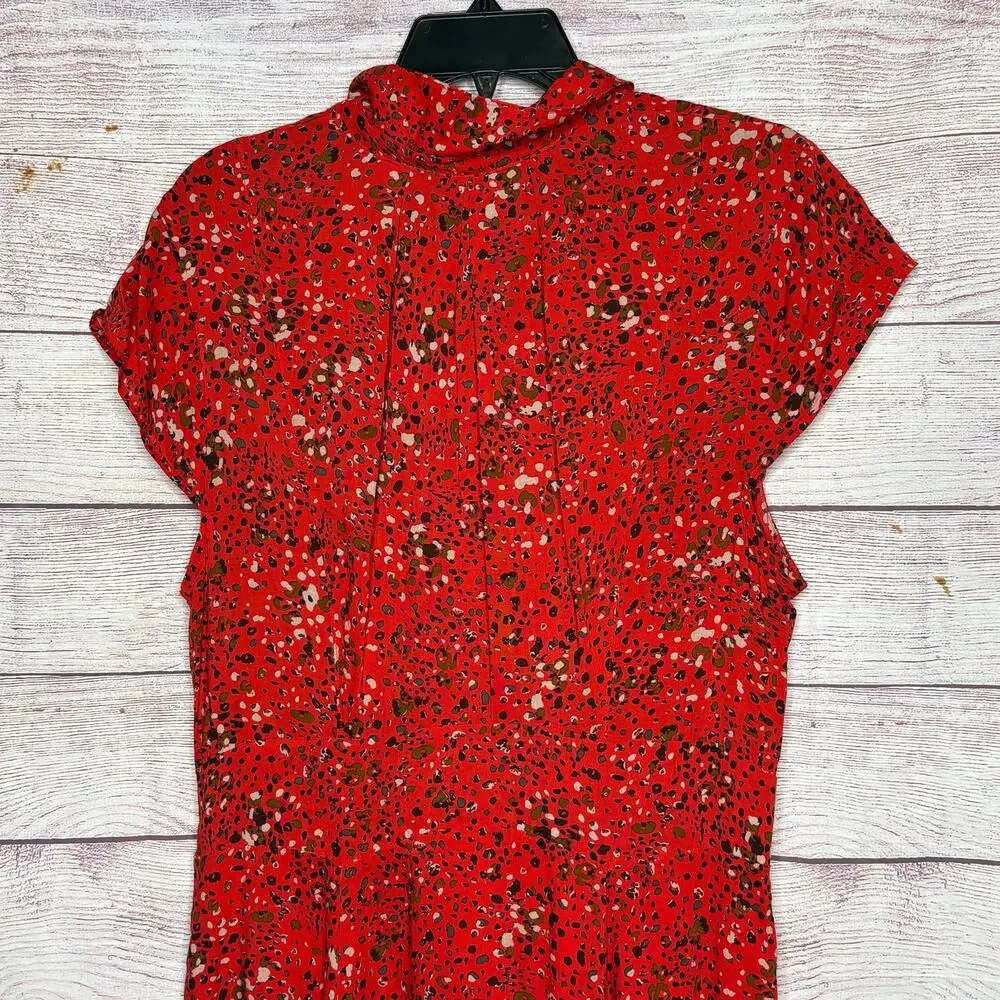 Free People 40's Print Midi Button Up Cap Sleeve Red Lined Shirt Dress Size 12